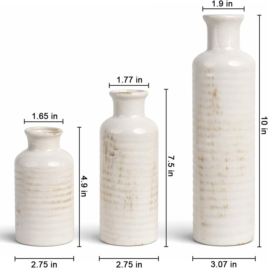 3pc Ribbed White Ceramic Vases