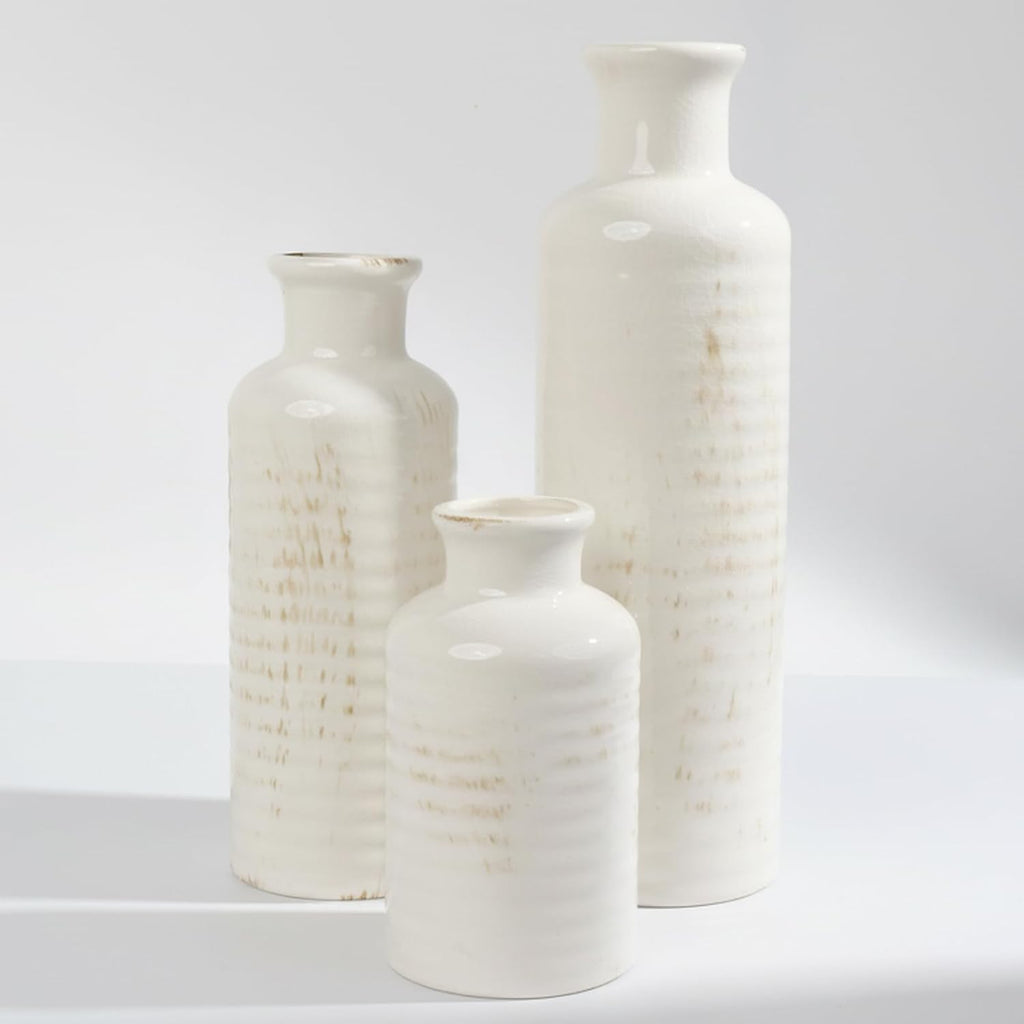 3pc Ribbed White Ceramic Vases