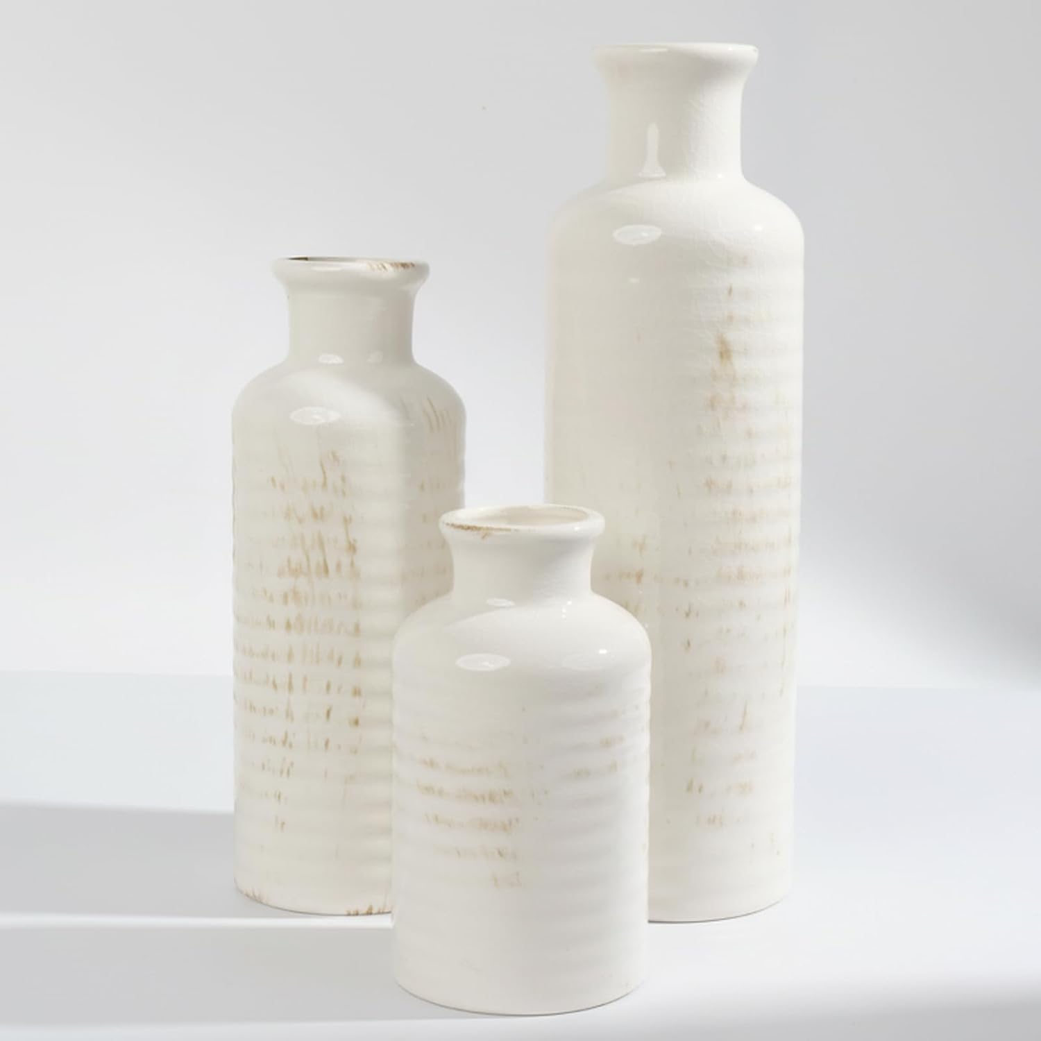 3pc Ribbed White Ceramic Vases