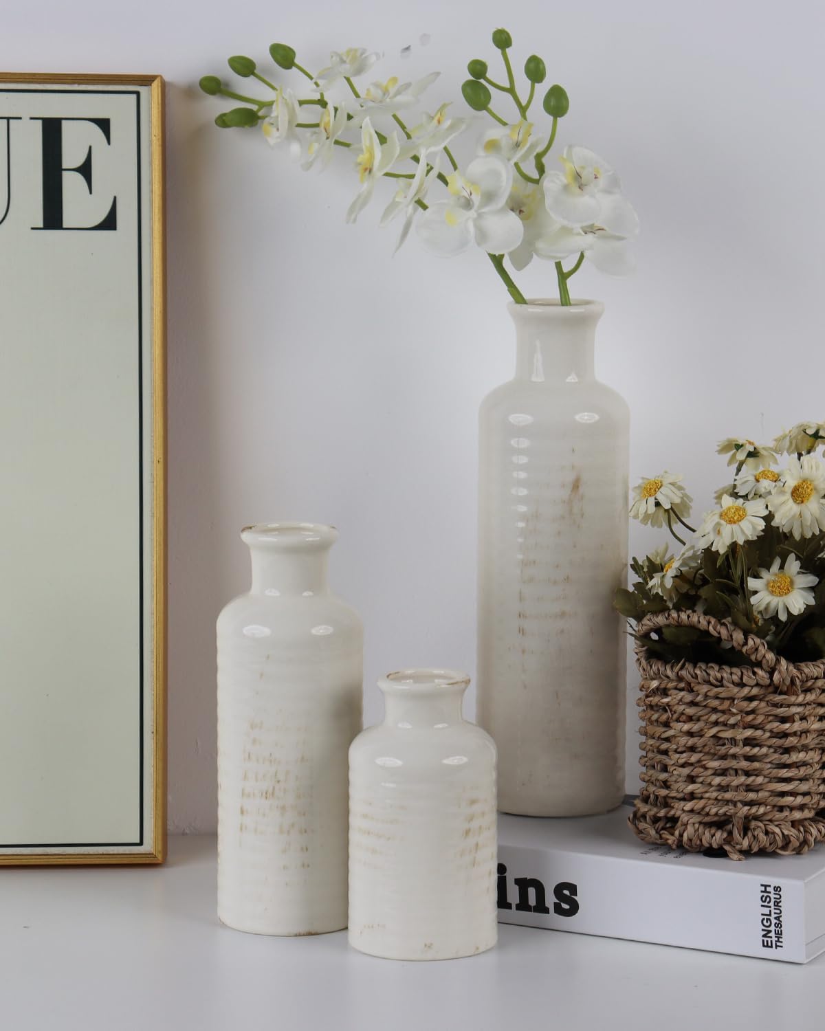 3pc Ribbed White Ceramic Vases
