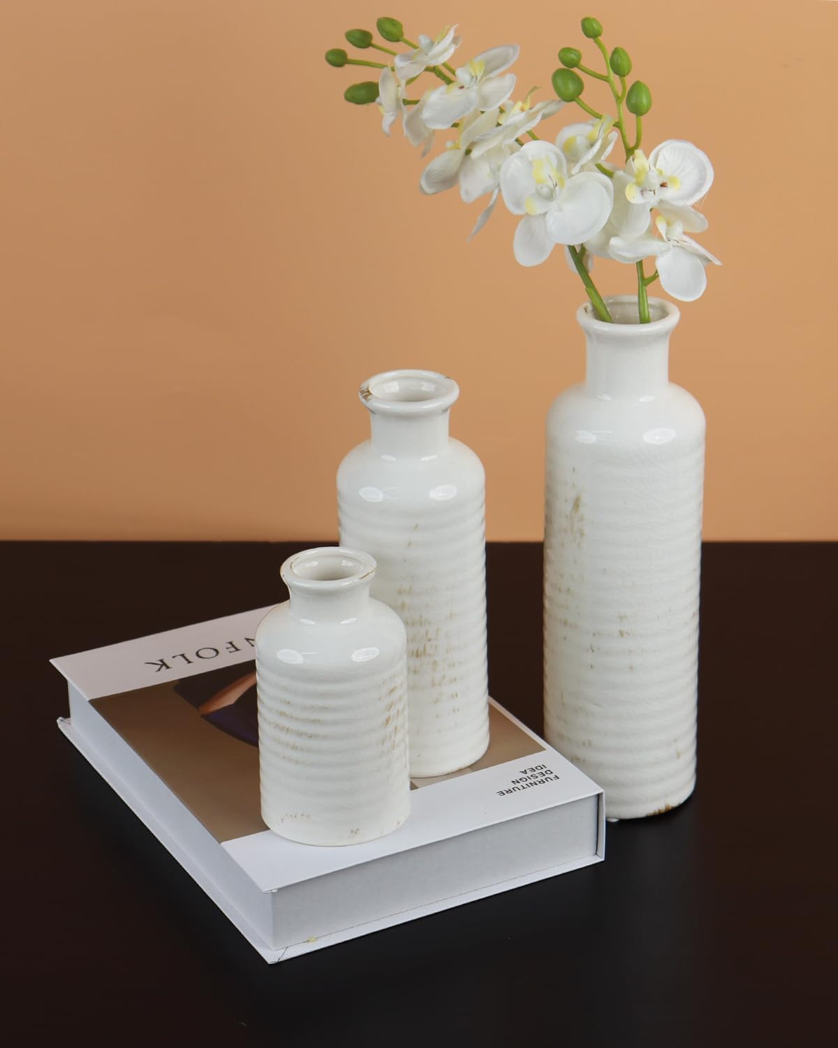 3pc Ribbed White Ceramic Vases