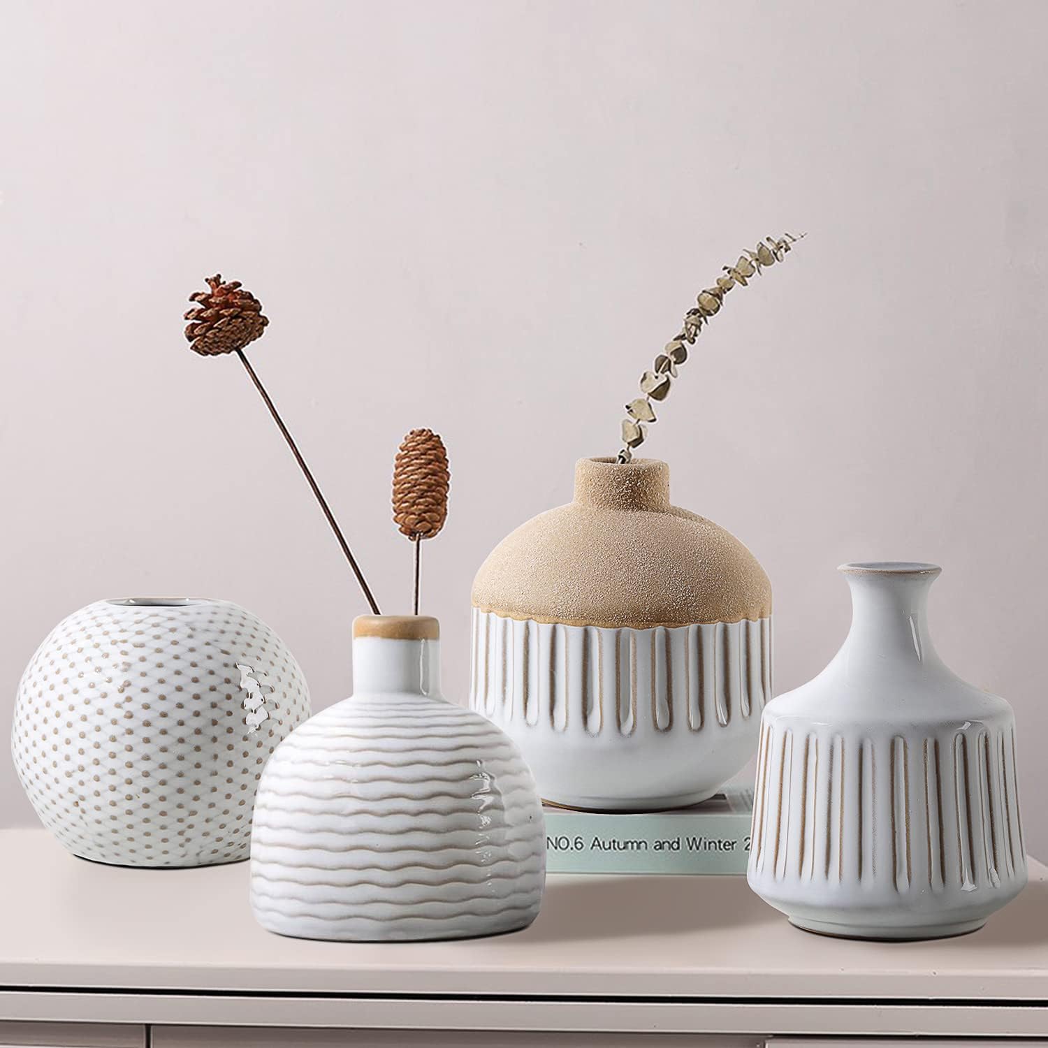 4pc White Boho Ceramic Vases