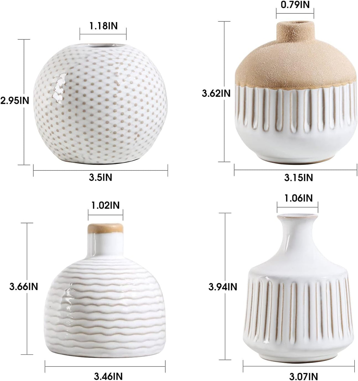 4pc White Boho Ceramic Vases