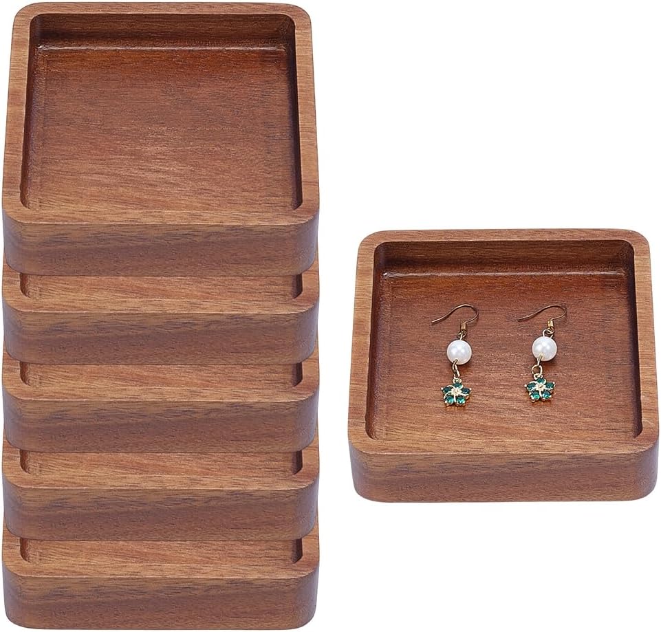6Pcs 3.9 Inch Square Acacia Wood Mini Jewelry Trays