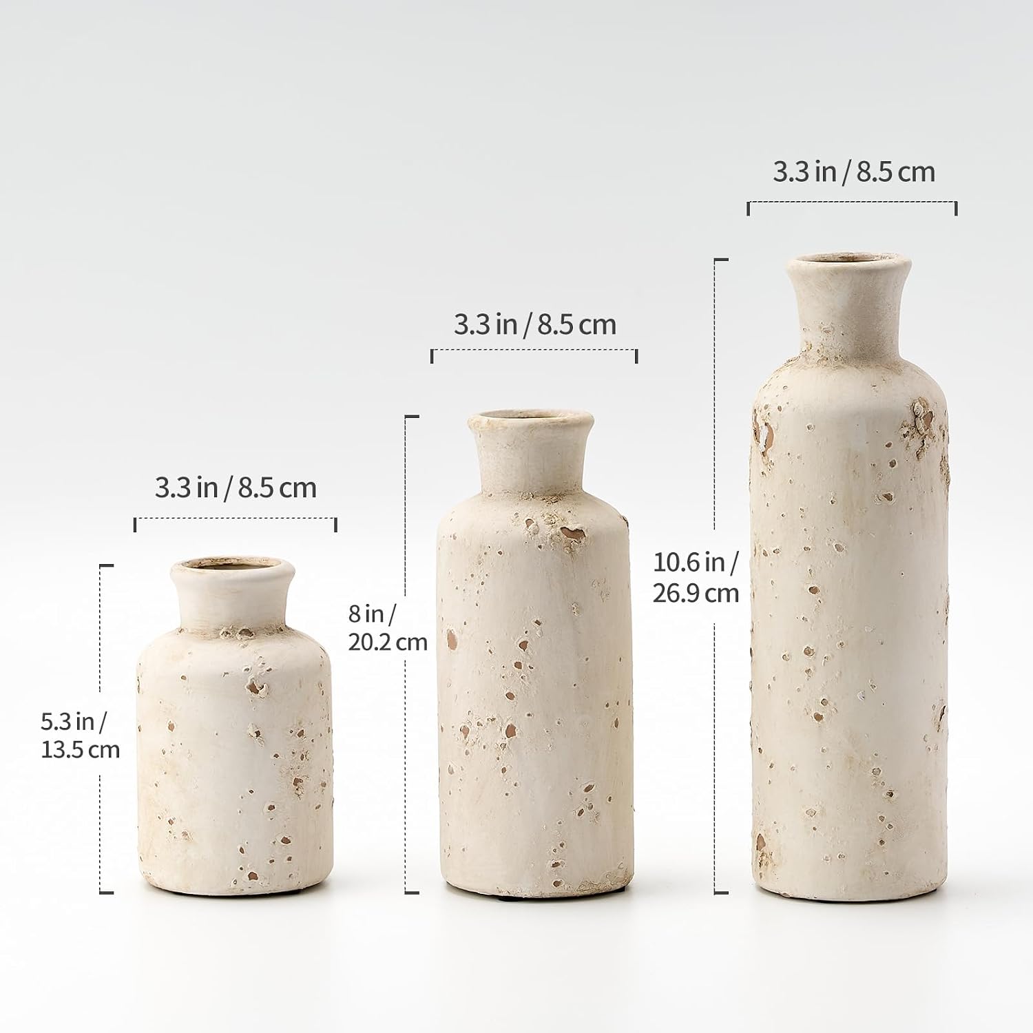 3pc Whitewashed Terracotta Vases