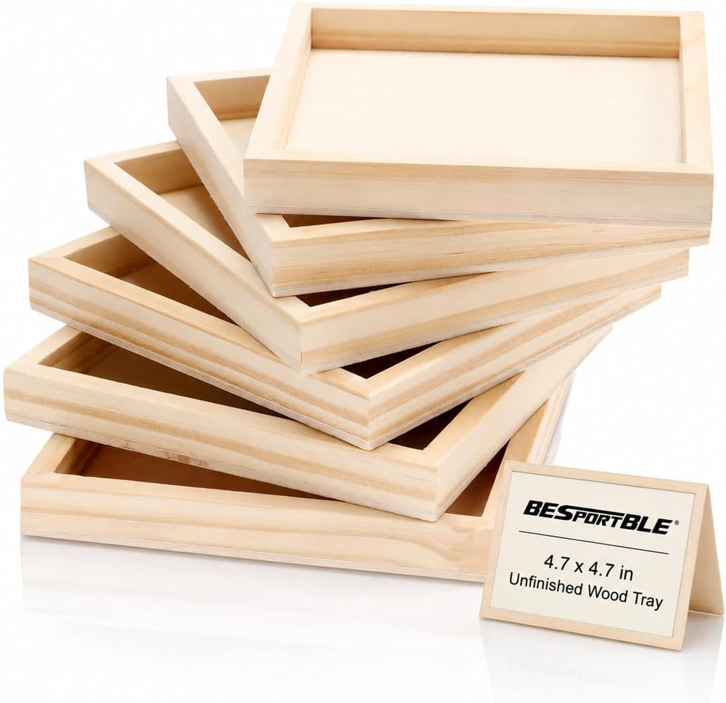 6 Pack Unfinished Square Wooden DIY Craft Trays