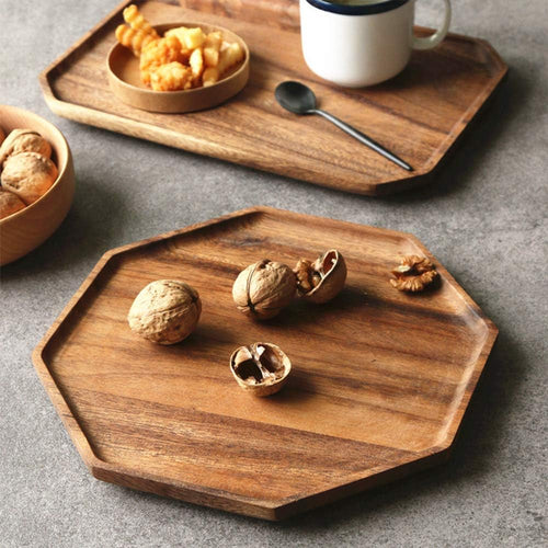 2 Pcs Round & Square Acacia Wood Serving Trays