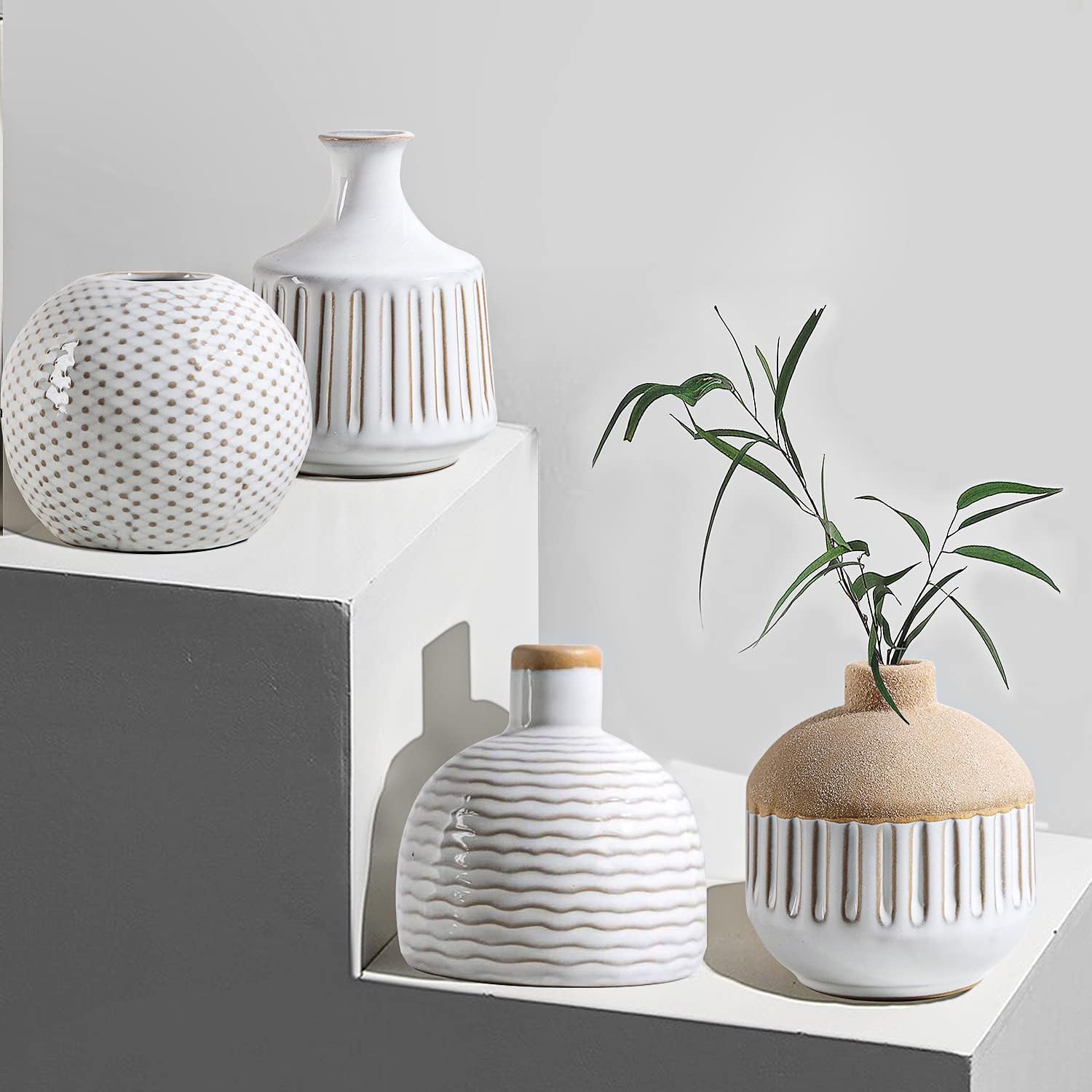 4pc White Boho Ceramic Vases
