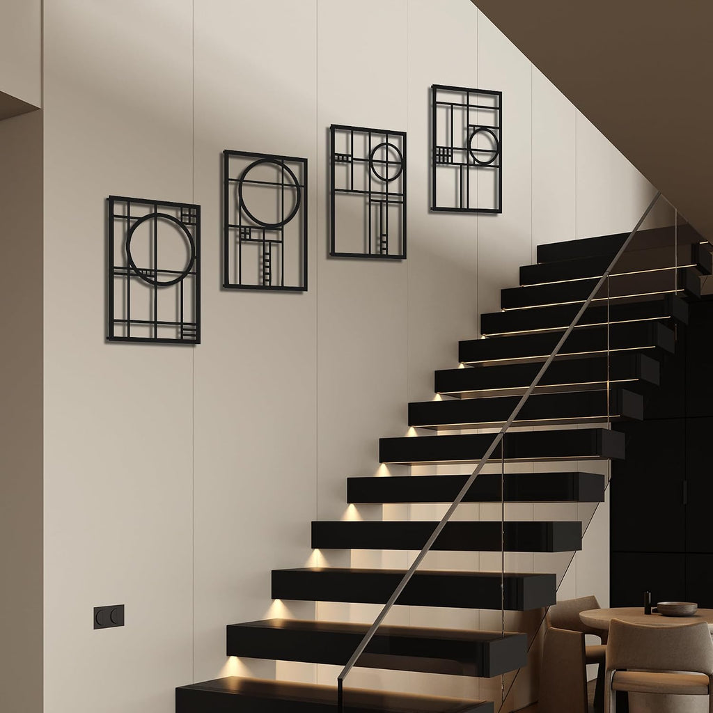 4 Pack 45.3×15.7 Inch 3D Geometric Black Metal Abstract Wall Art Set