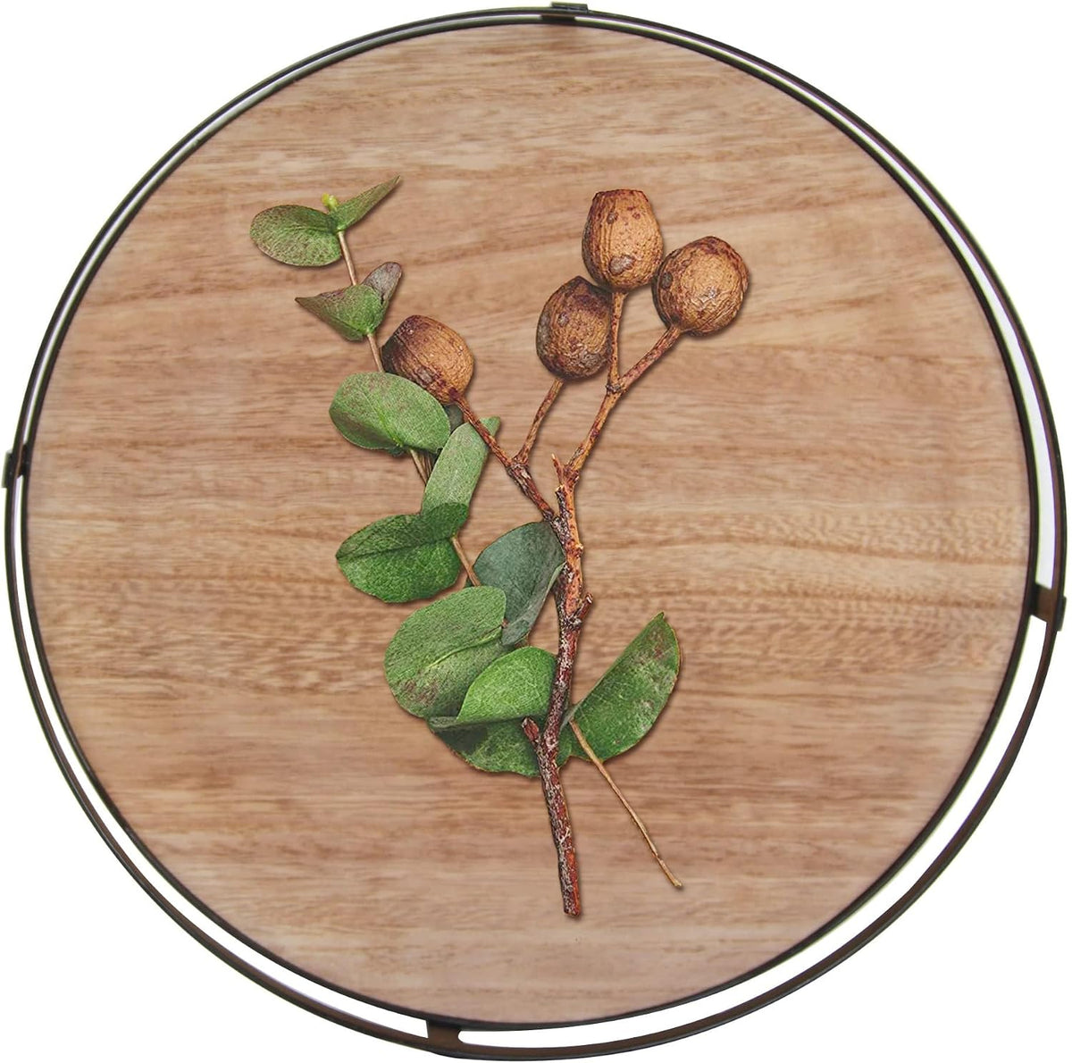 12 Inch Round Wooden Decor Tray with Metal Handles
