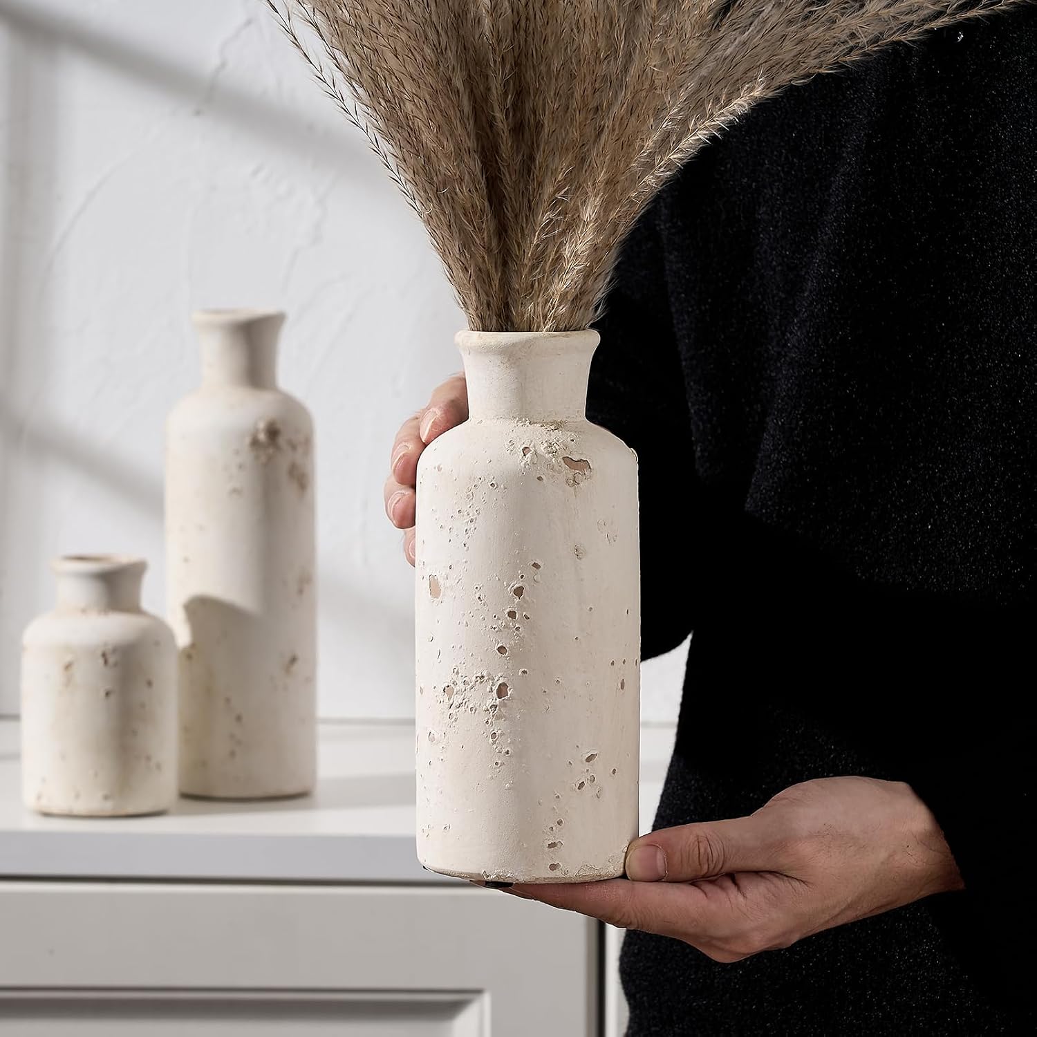 3pc Whitewashed Terracotta Vases