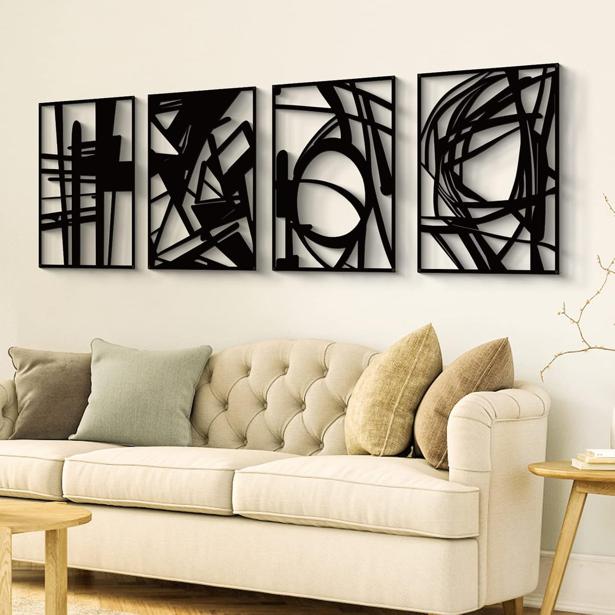 4 Pack 16×11 Inch Black Single Line 3D Metal Abstract Wall Art
