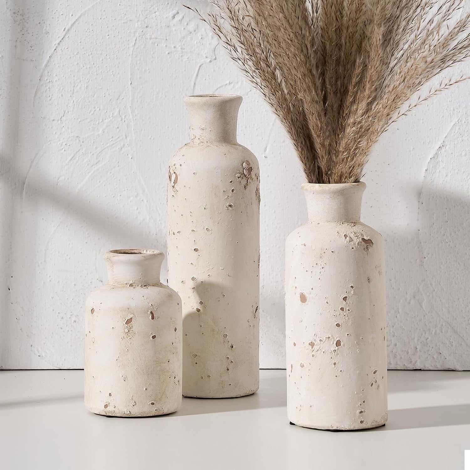 3pc Whitewashed Terracotta Vases