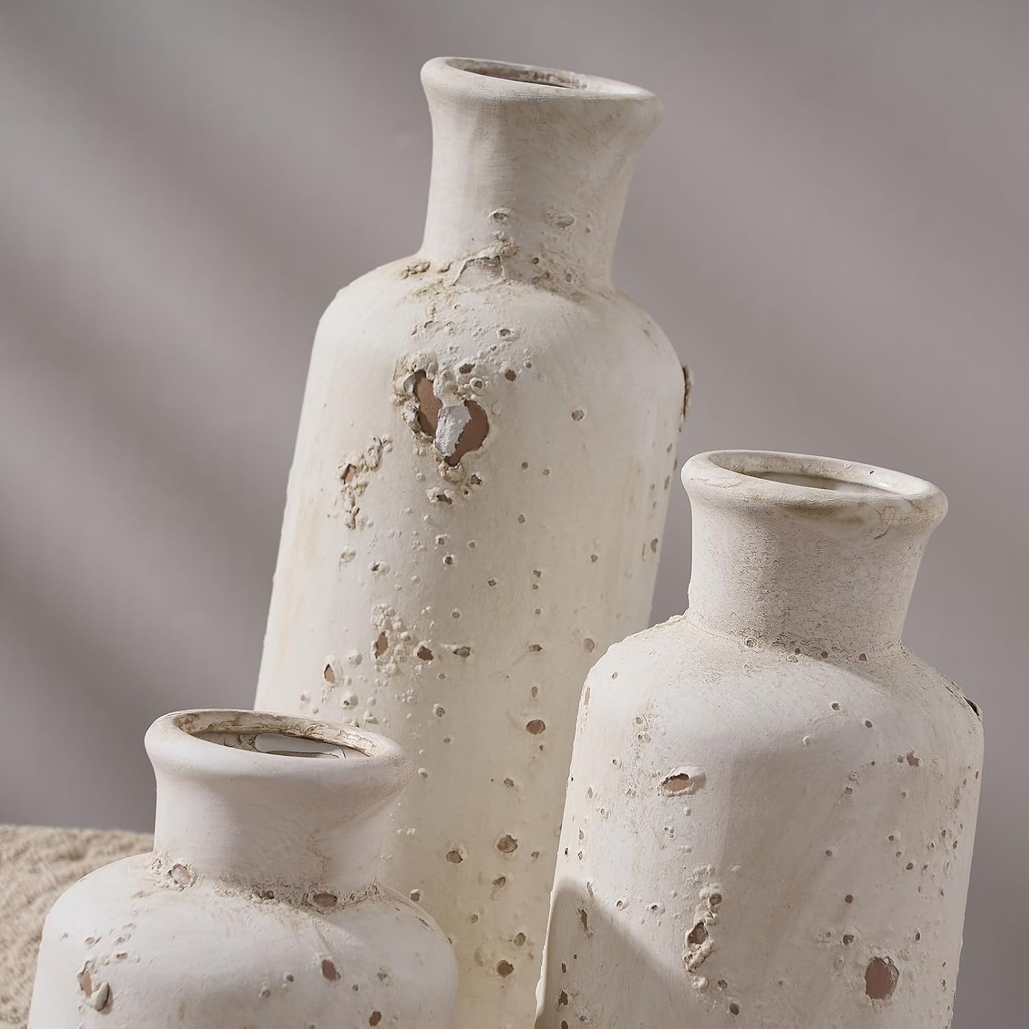 3pc Whitewashed Terracotta Vases