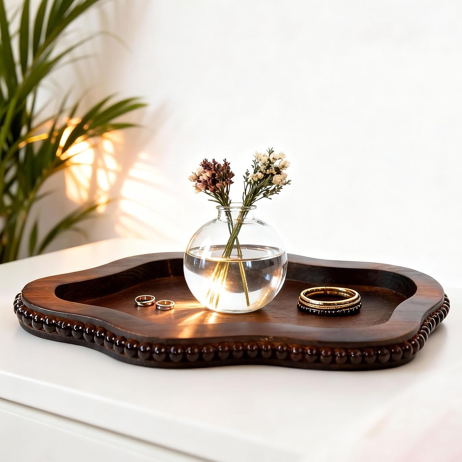 Brown Beaded Cloud Shaped Wooden Decor Storage Tray