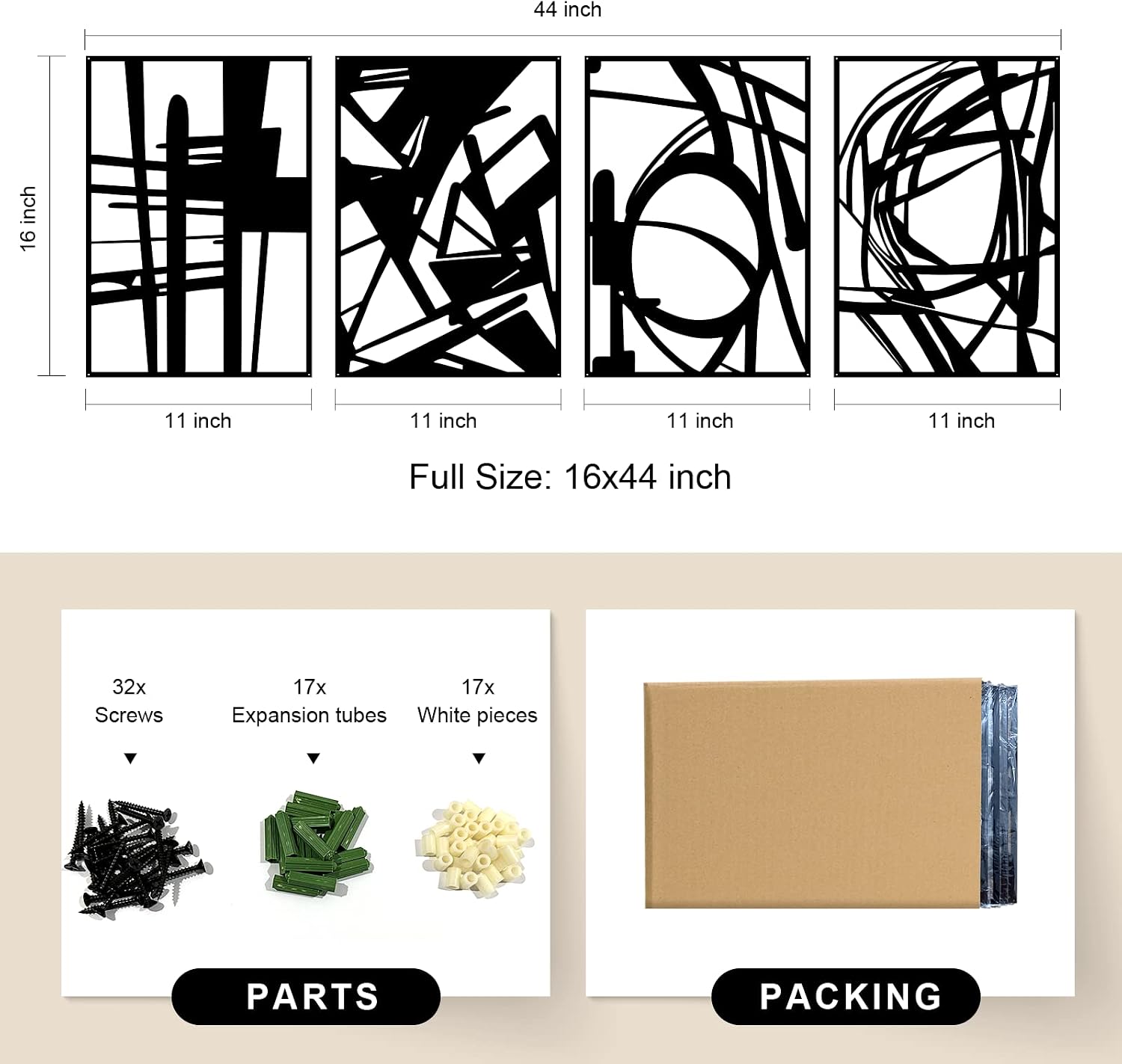 4 Pack 16×11 Inch Black Single Line 3D Metal Abstract Wall Art