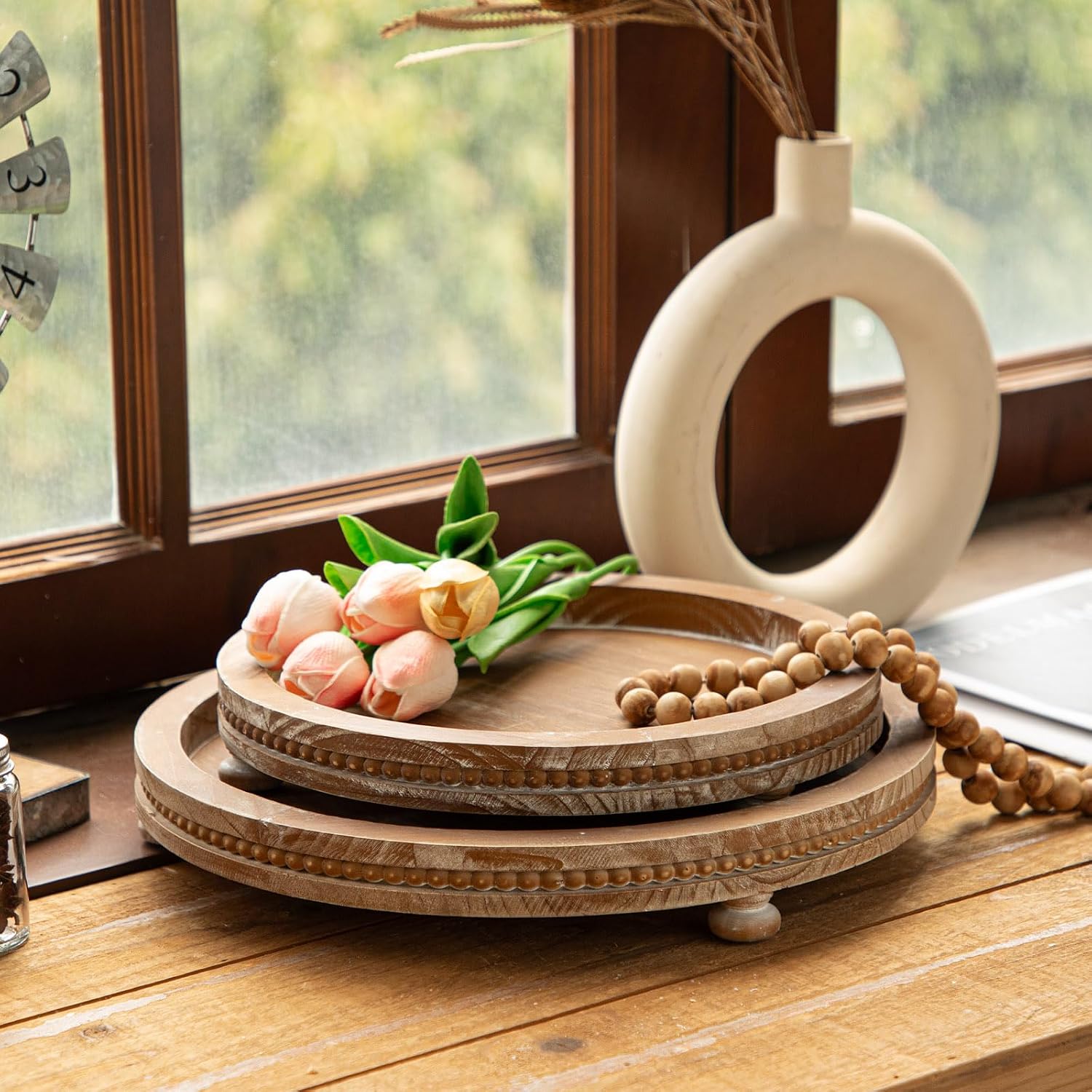 2 Pack Torched Beaded Farmhouse Round Wooden Serving Trays