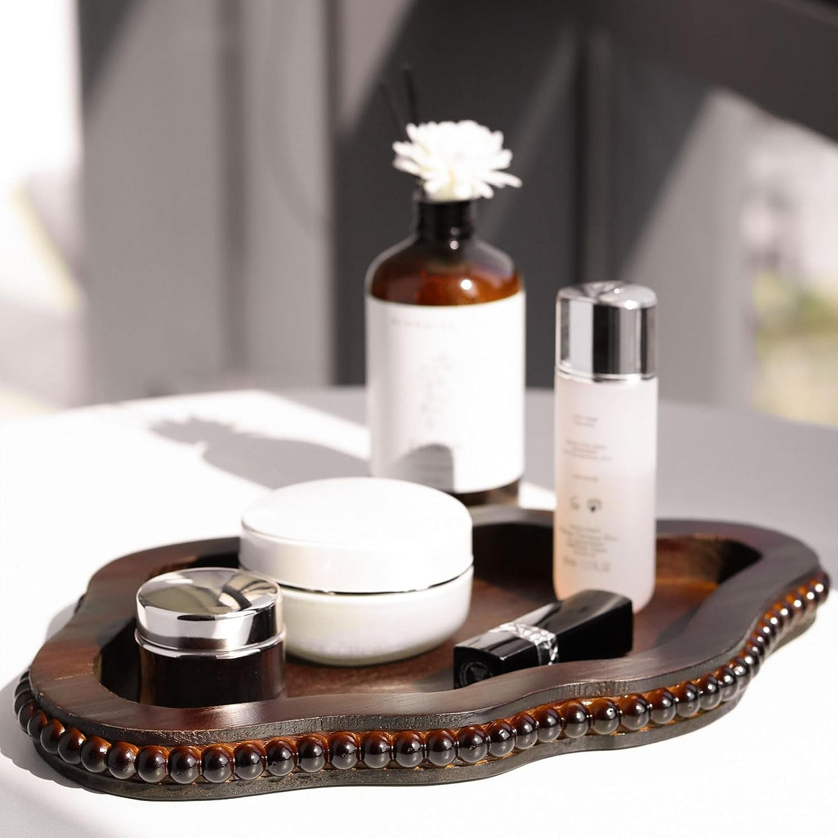 Brown Beaded Cloud Shaped Wooden Decor Storage Tray
