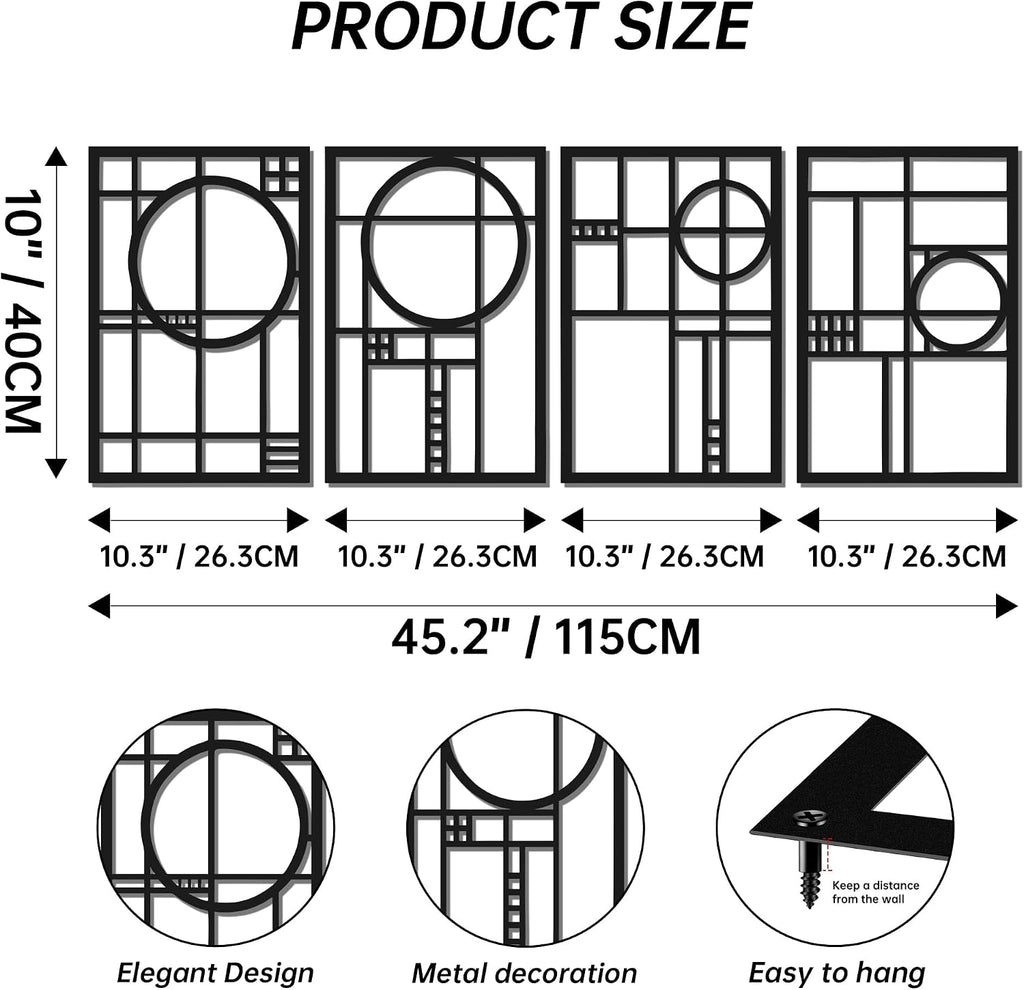 4 Pack 45.3×15.7 Inch 3D Geometric Black Metal Abstract Wall Art Set