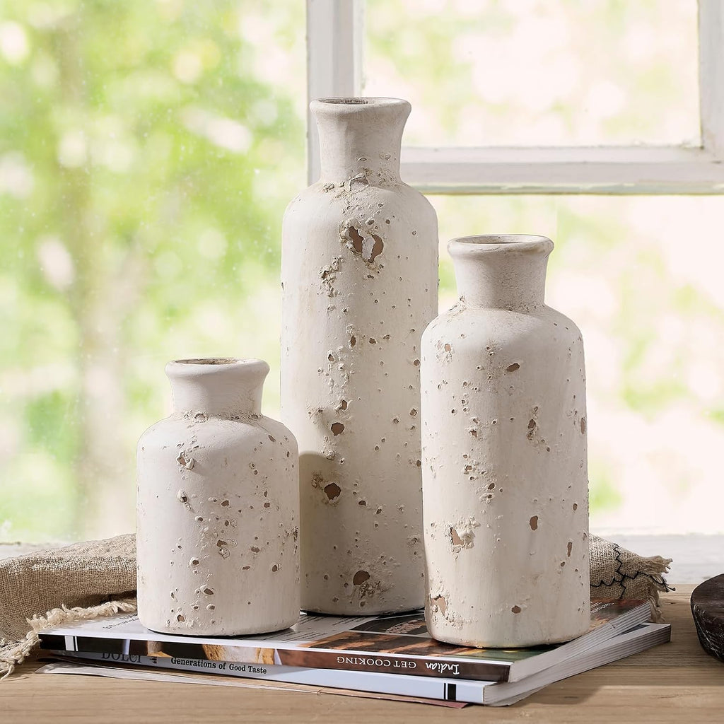 3pc Whitewashed Terracotta Vases