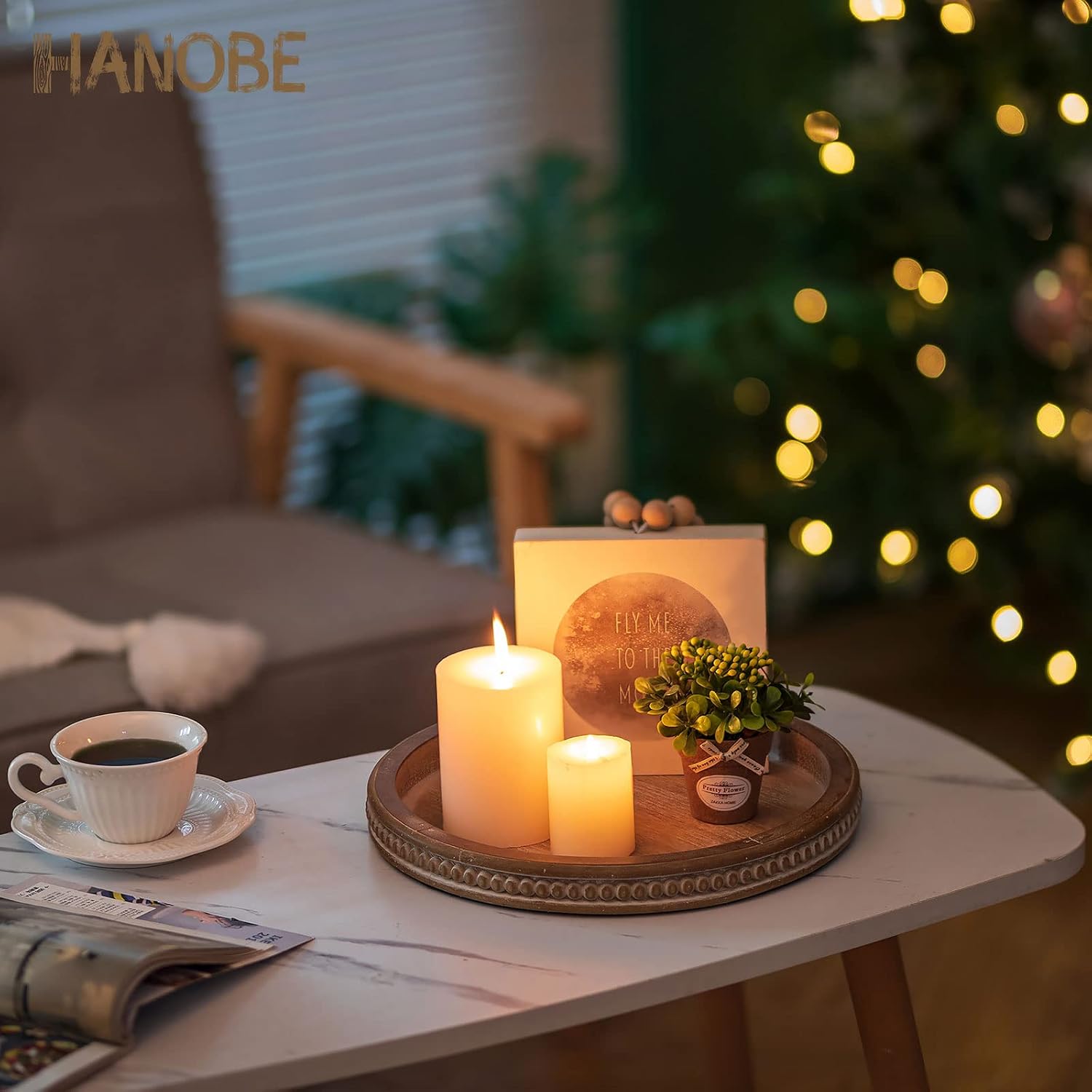 Round Brown Farmhouse Wooden Decor Candle Tray