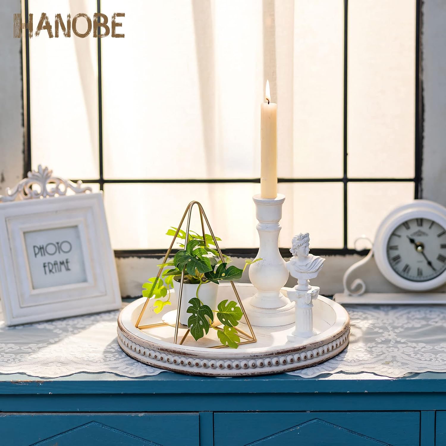 10.5 Inch Whitewashed Farmhouse Round Decor Tray