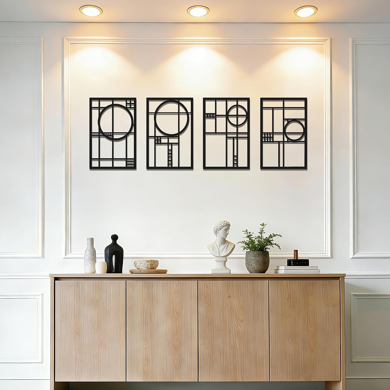 4 Pack 45.3×15.7 Inch 3D Geometric Black Metal Abstract Wall Art Set