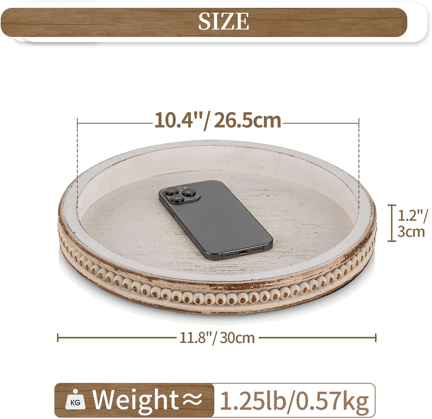 10.5 Inch Whitewashed Farmhouse Round Decor Tray