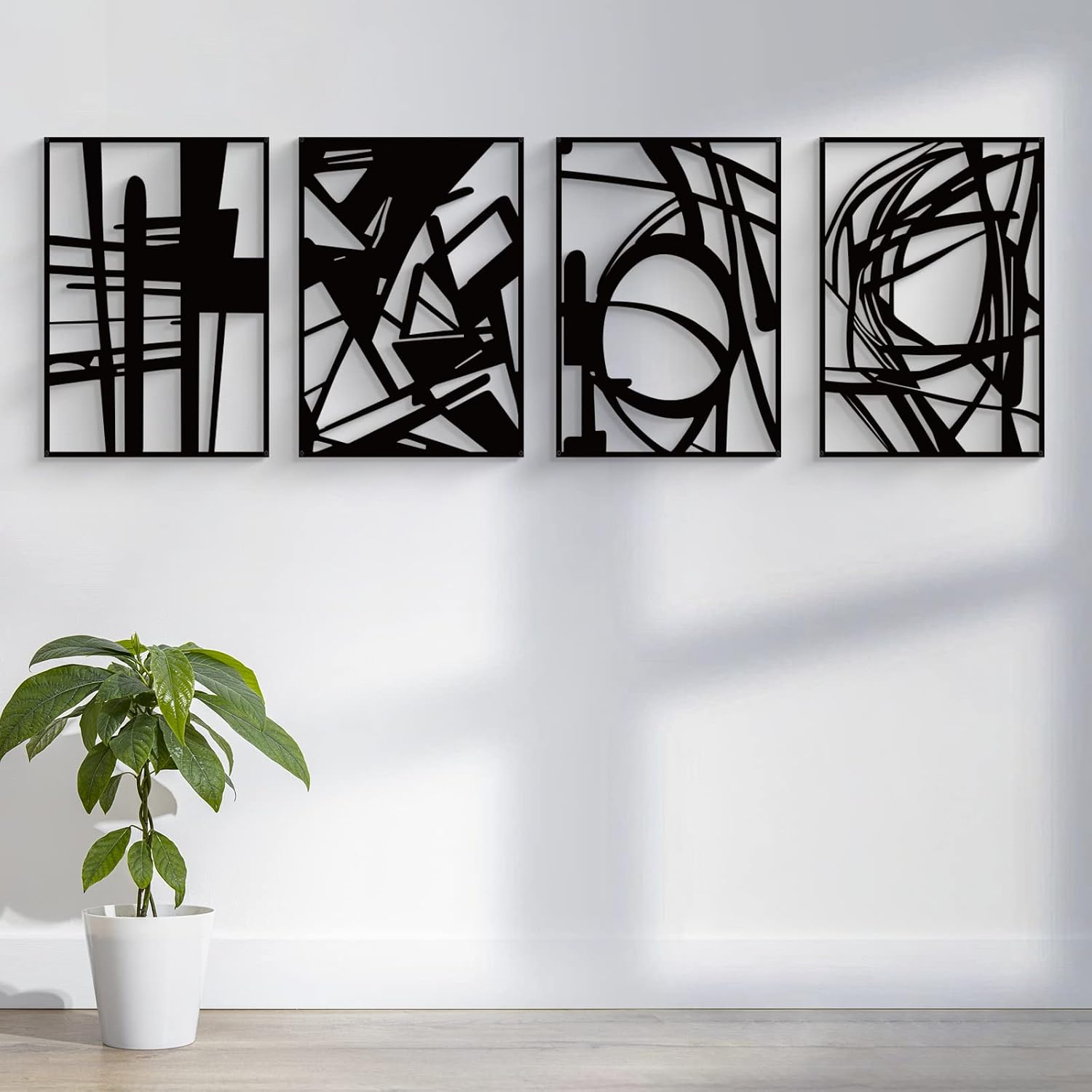 4 Pack 16×11 Inch Black Single Line 3D Metal Abstract Wall Art