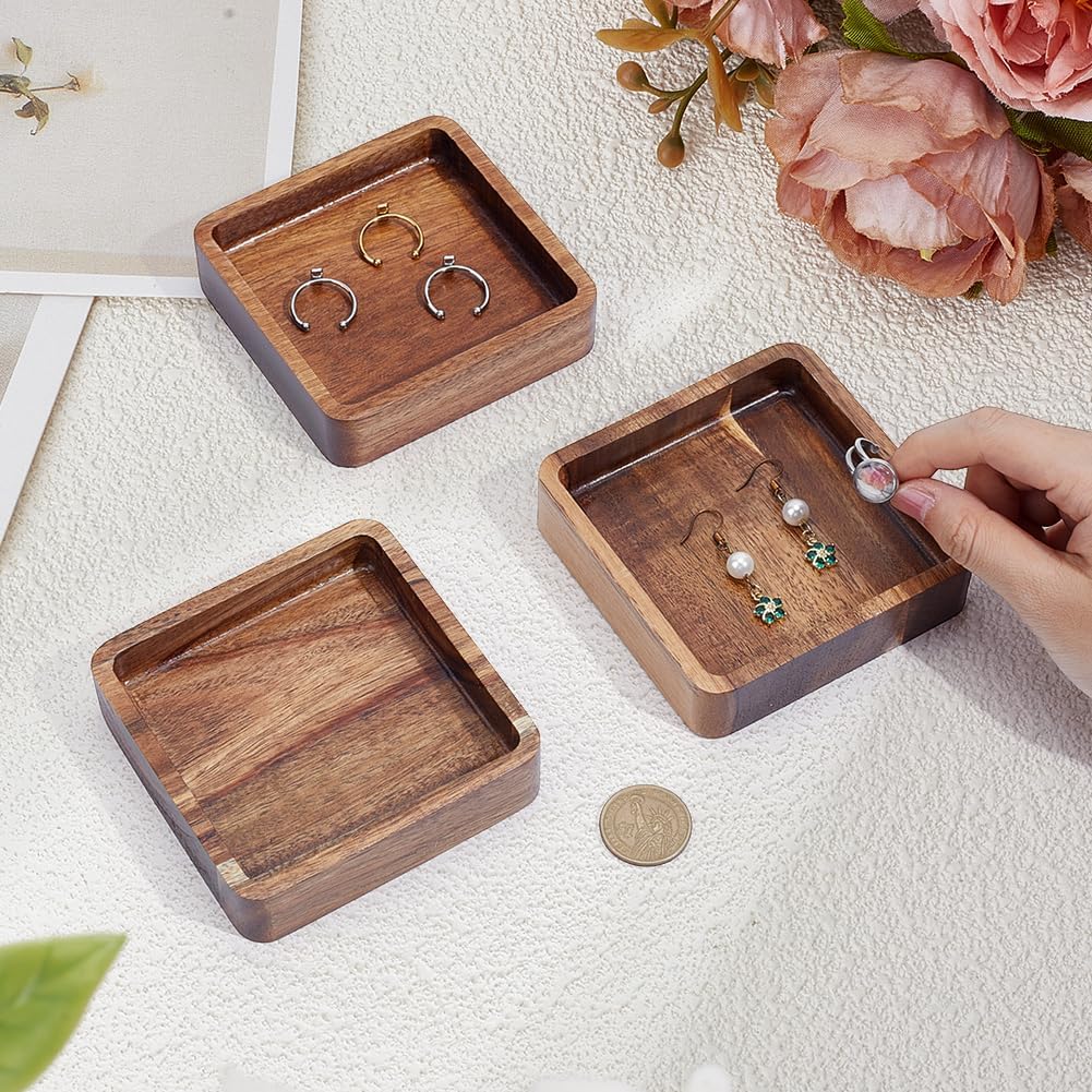 6Pcs 3.9 Inch Square Acacia Wood Mini Jewelry Trays