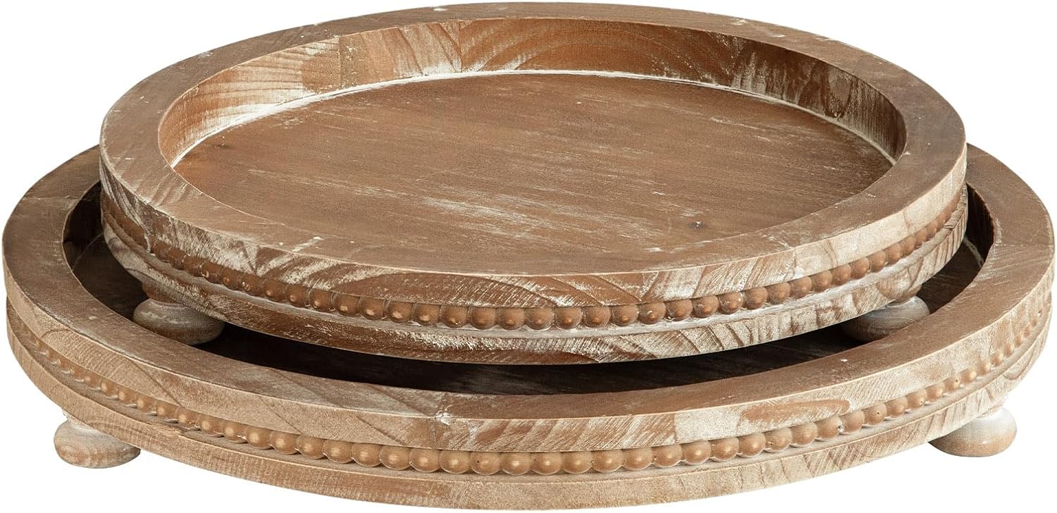 2 Pack Torched Beaded Farmhouse Round Wooden Serving Trays