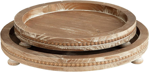 2 Pack Torched Beaded Farmhouse Round Wooden Serving Trays