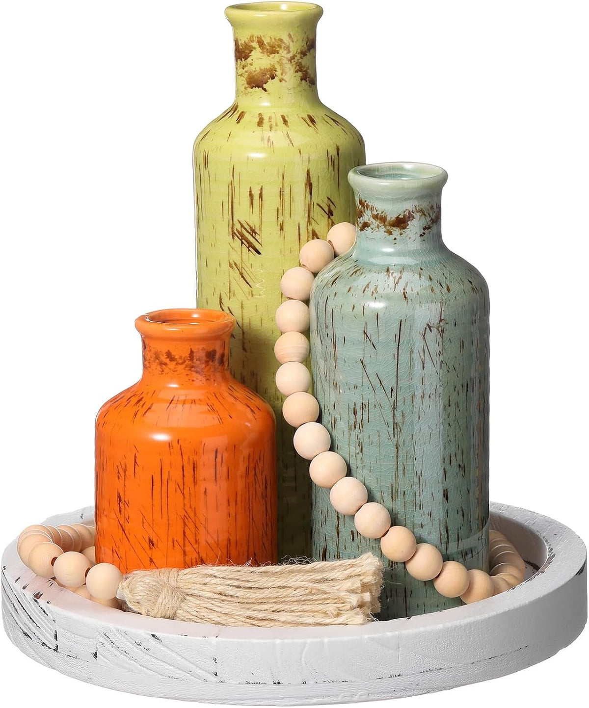 3pc Boho Vases with Wooden Tray Set