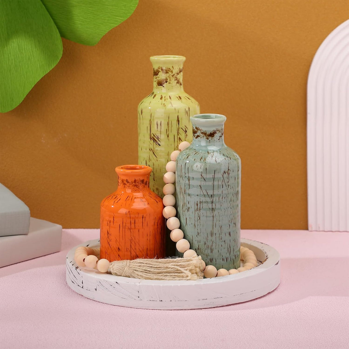 3pc Boho Vases with Wooden Tray Set