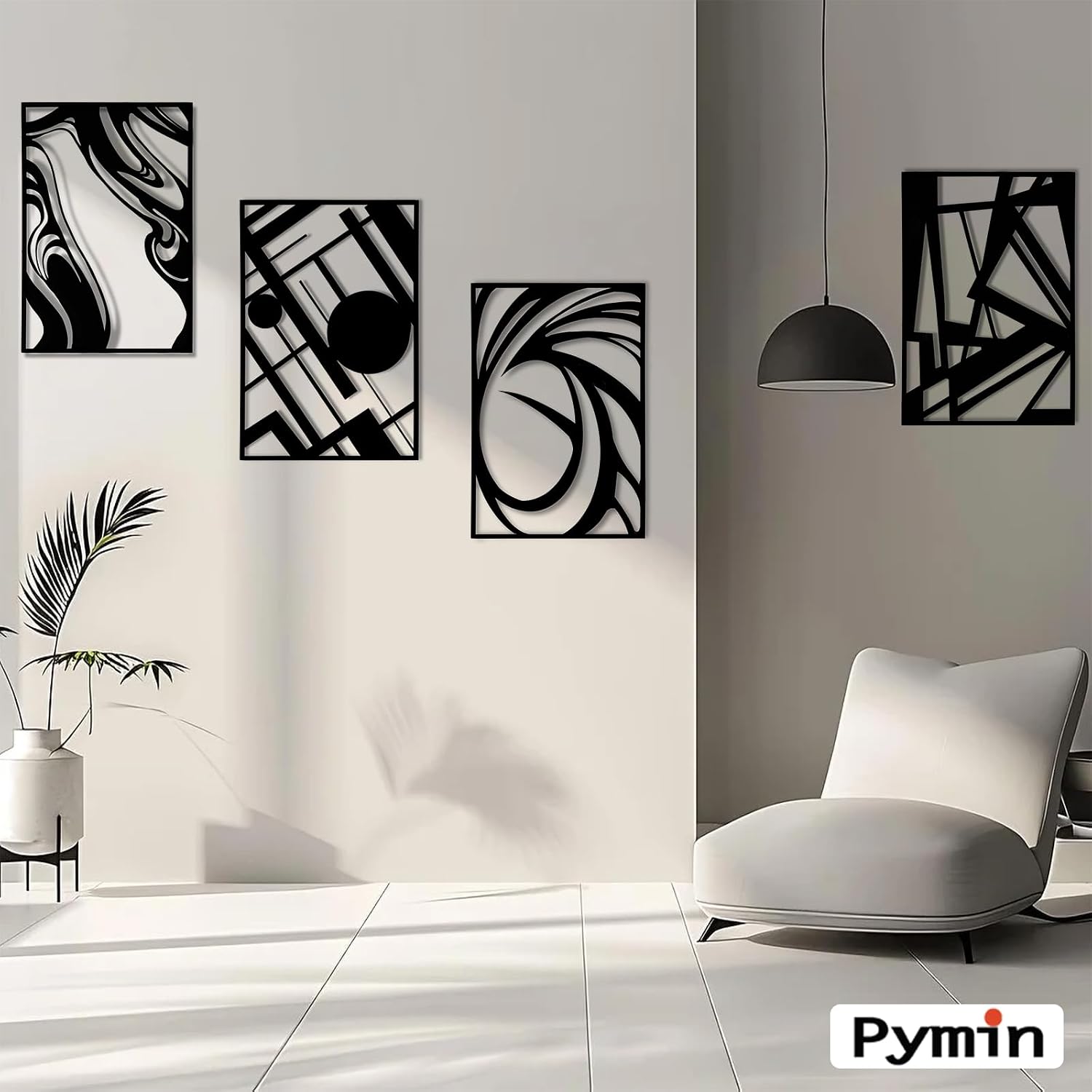 4 Pack 22.5×15.7 Inch Matte Black 3D Single Line Metal Wall Art