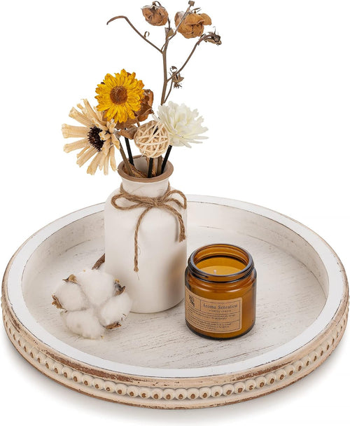 10.5 Inch Whitewashed Farmhouse Round Decor Tray