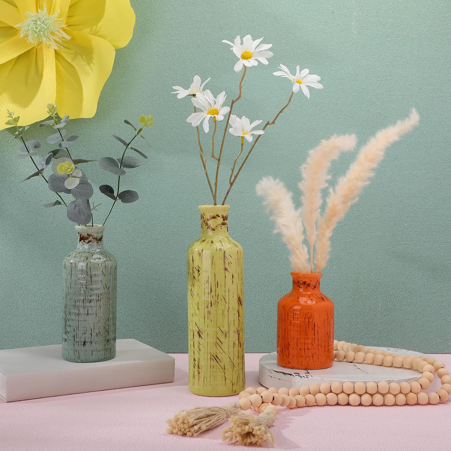3pc Boho Vases with Wooden Tray Set