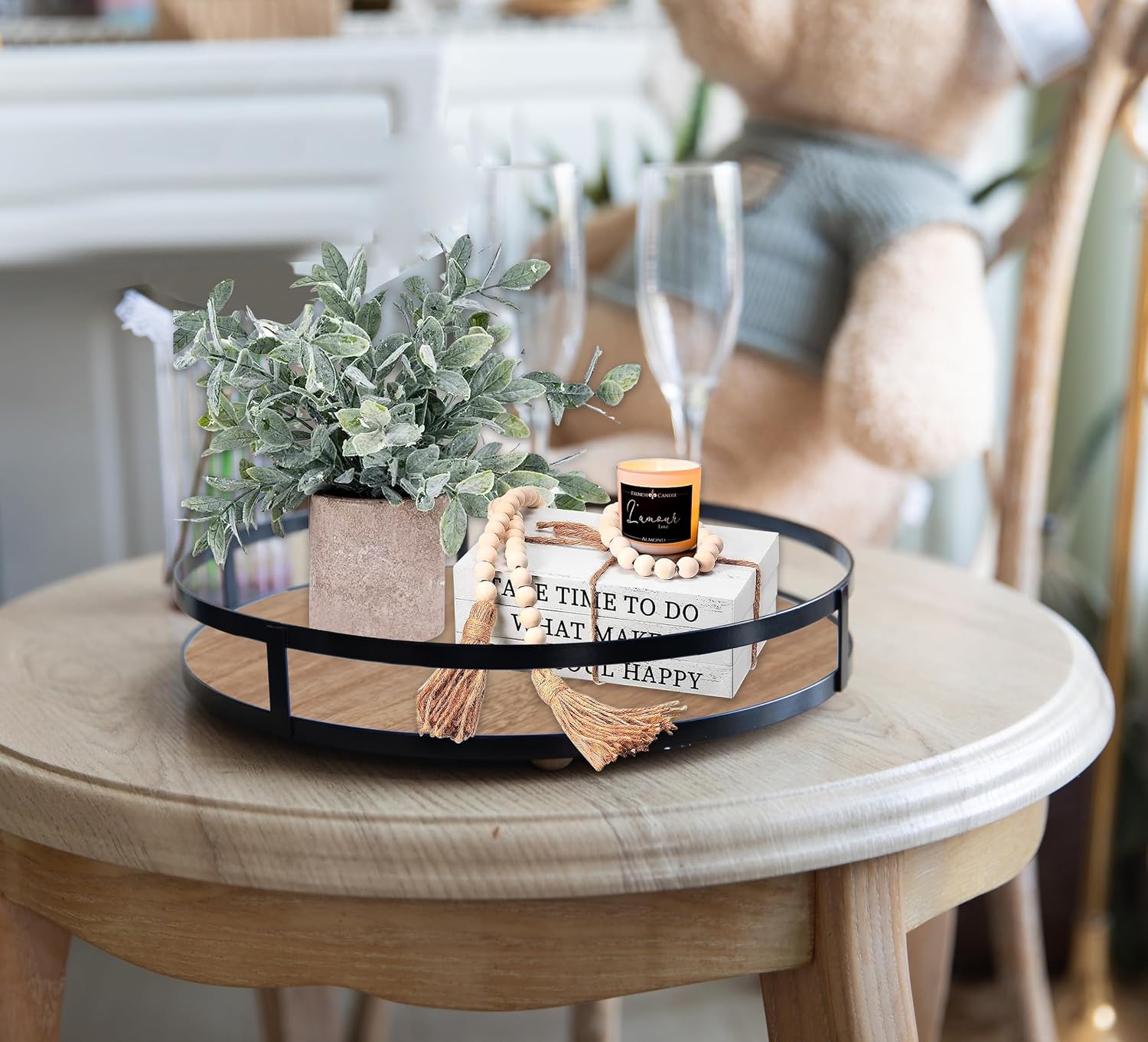 12 Inch Round Wooden Decor Tray with Metal Handles