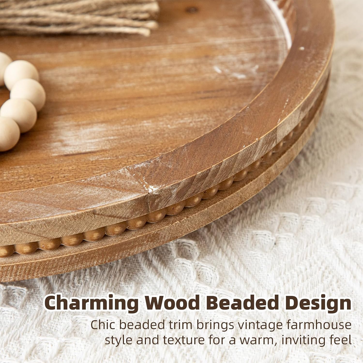 2 Pack Torched Beaded Farmhouse Round Wooden Serving Trays