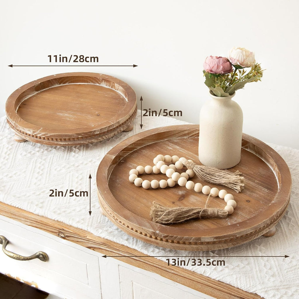 2 Pack Torched Beaded Farmhouse Round Wooden Serving Trays