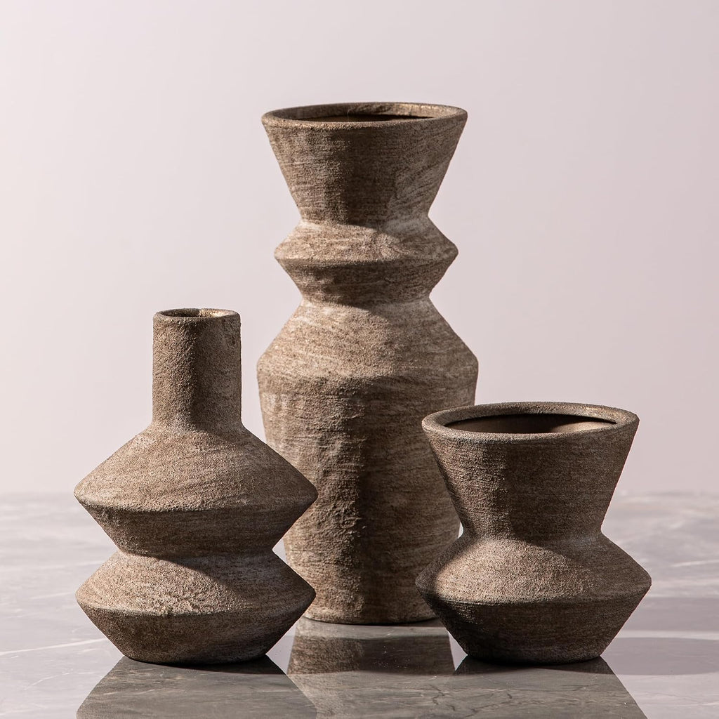 3pc Brown Farmhouse Ceramic Vases