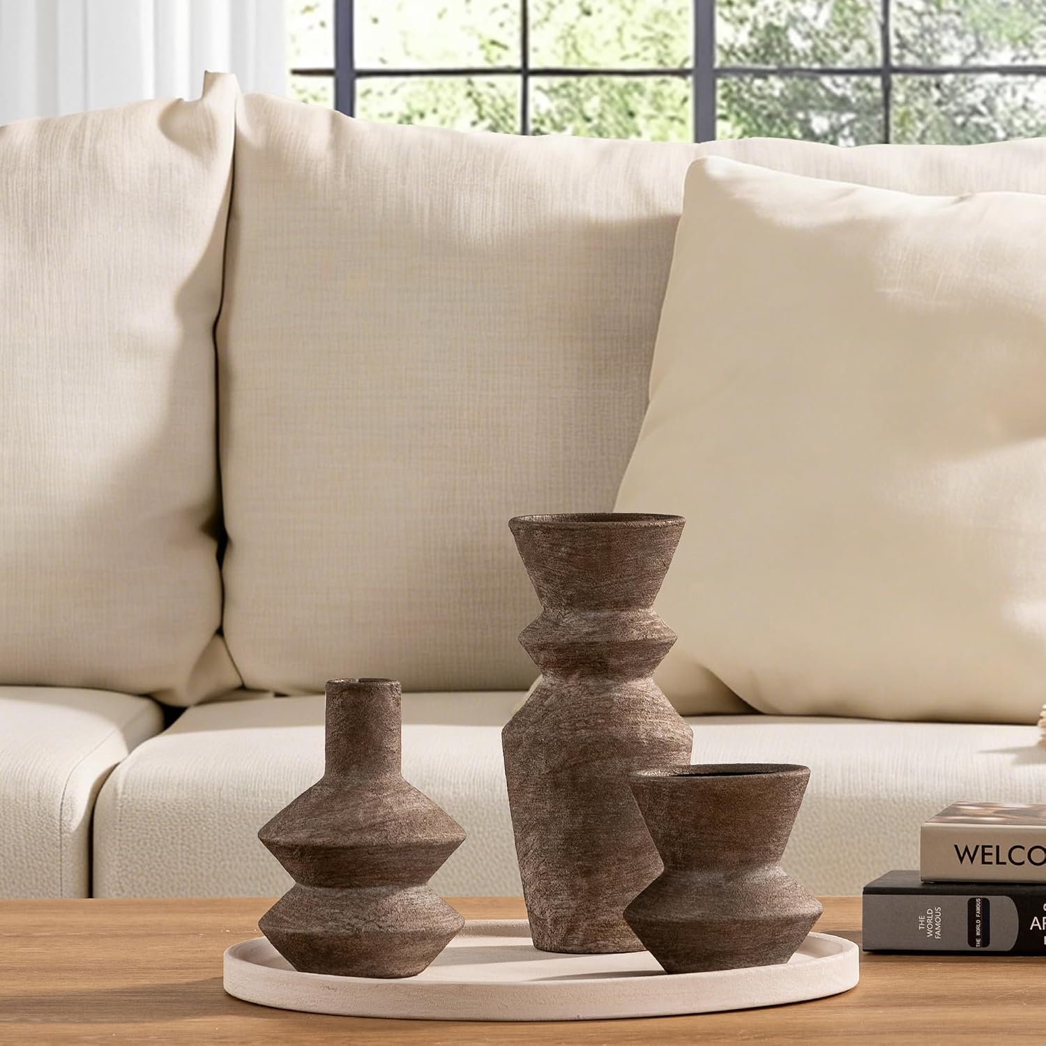 3pc Brown Farmhouse Ceramic Vases