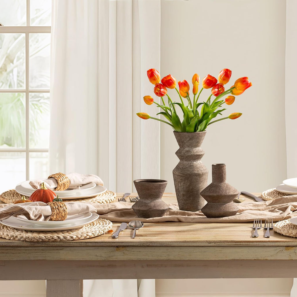 3pc Brown Farmhouse Ceramic Vases