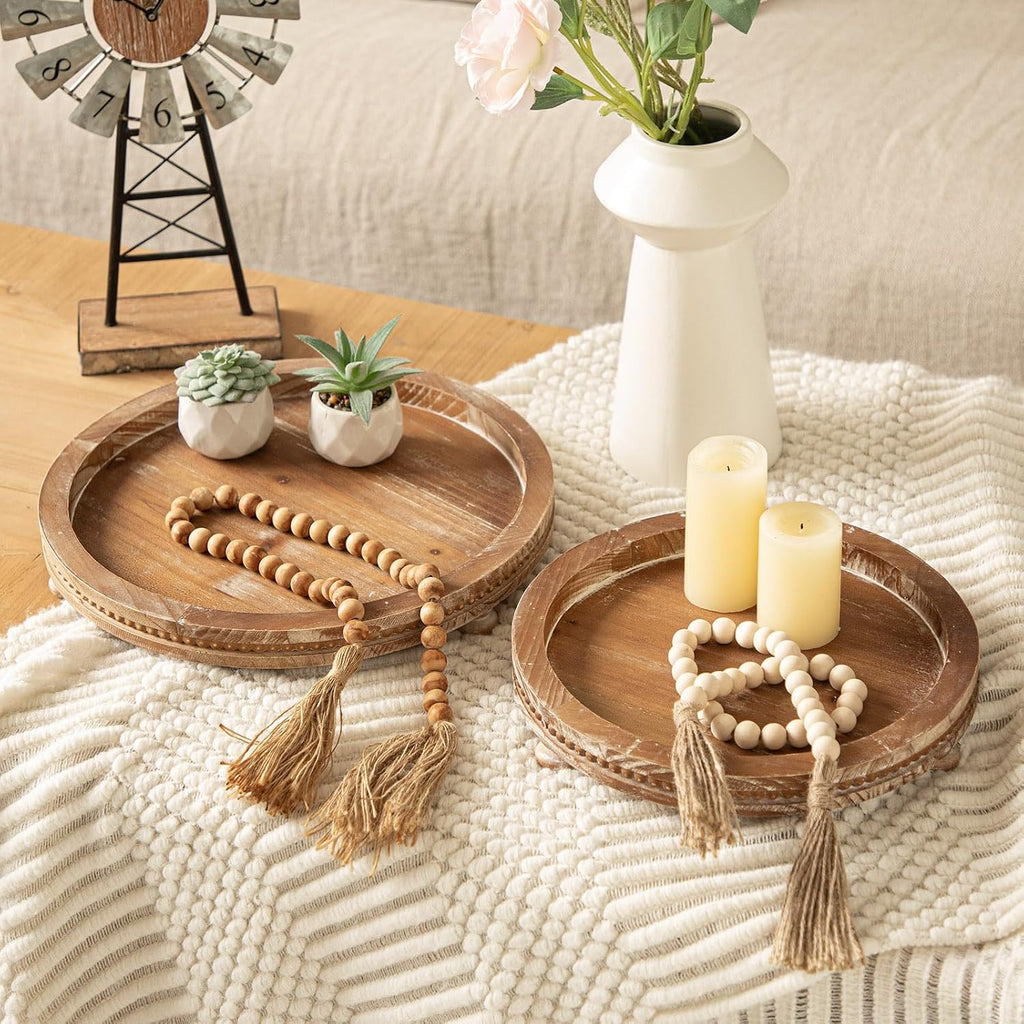 2 Pack Torched Beaded Farmhouse Round Wooden Serving Trays