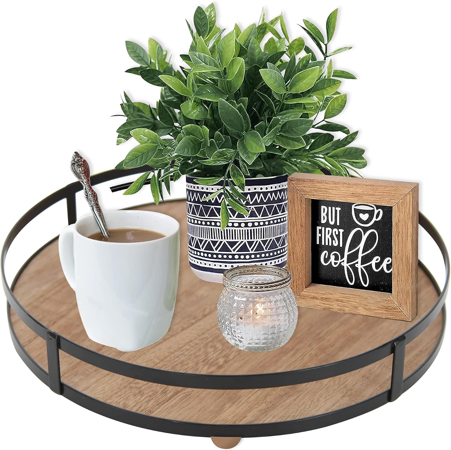 12 Inch Round Wooden Decor Tray with Metal Handles
