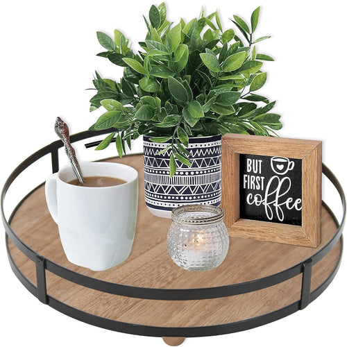 12 Inch Round Wooden Decor Tray with Metal Handles
