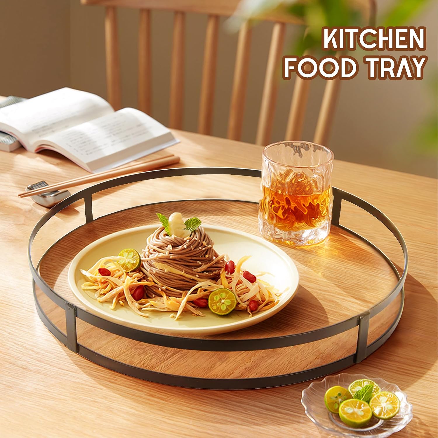 12 Inch Round Wooden Decor Tray with Metal Handles