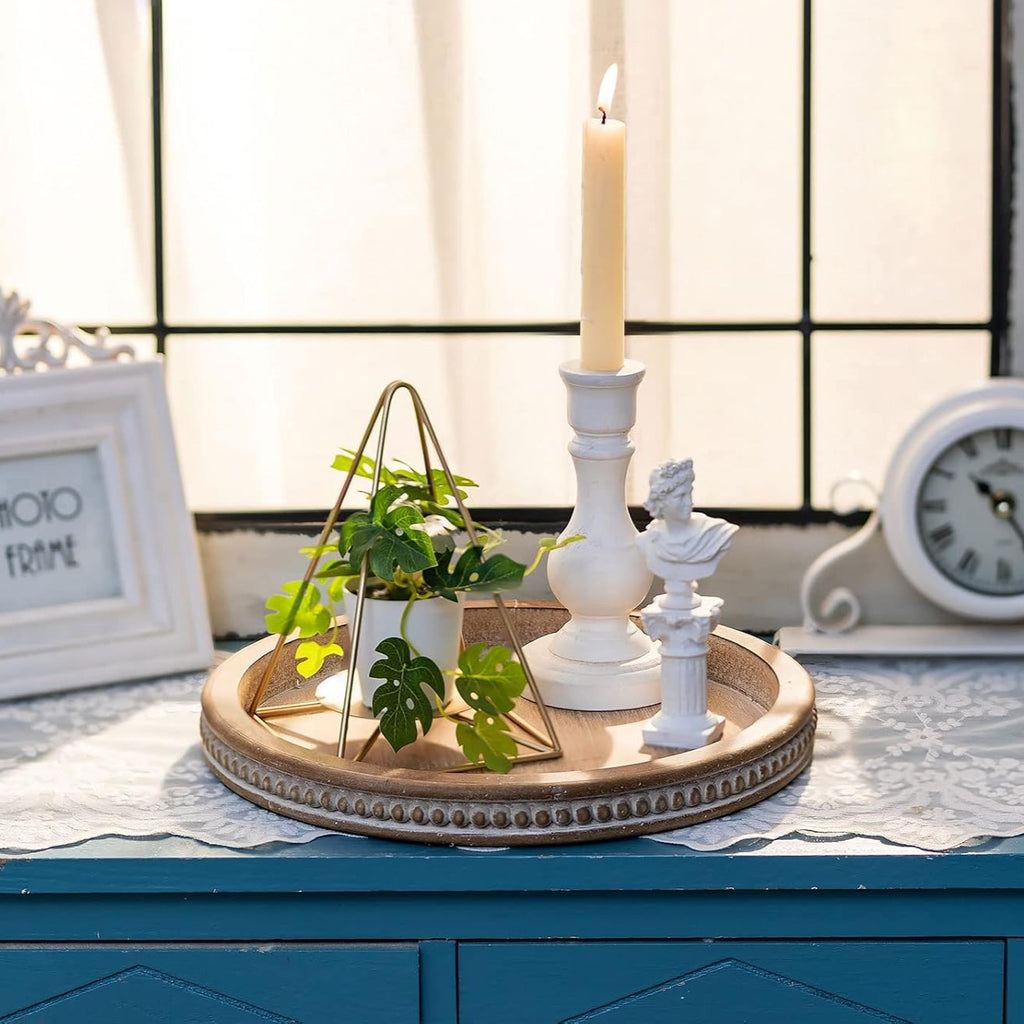 Round Brown Farmhouse Wooden Decor Candle Tray