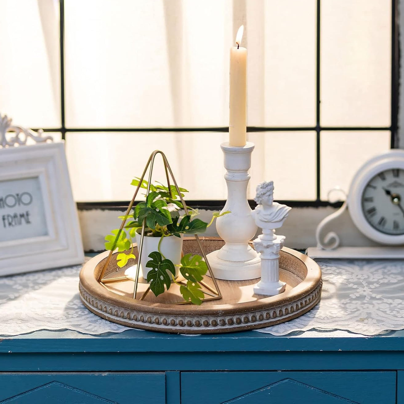 Round Brown Farmhouse Wooden Decor Candle Tray