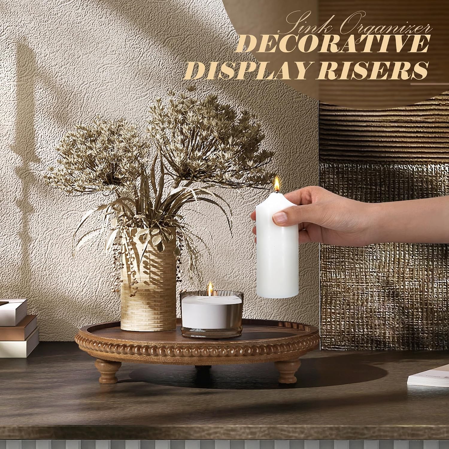Brown Beaded Round Pine Wooden Display Riser